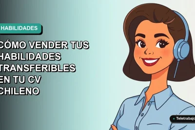 Ilustración plana vectorial de una mujer profesional chilena con blusa azul, sonriendo, sobre fondo degradado verde azulado. Concepto de CV y habilidades laborales.