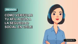 Ilustración plana corporativa de una mujer profesional con blusa azul y corte bob, sobre fondo degradado suave, representando la verificación de la afiliación a la Seguridad Social en Chile.