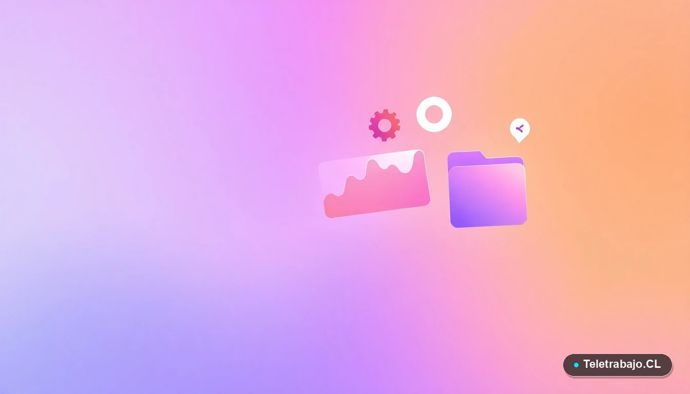 Composición abstracta de interfaz de usuario tecnológica con gráficos flotantes y un engranaje, en estilo de ilustración vectorial plana sobre fondo degradado lavanda.