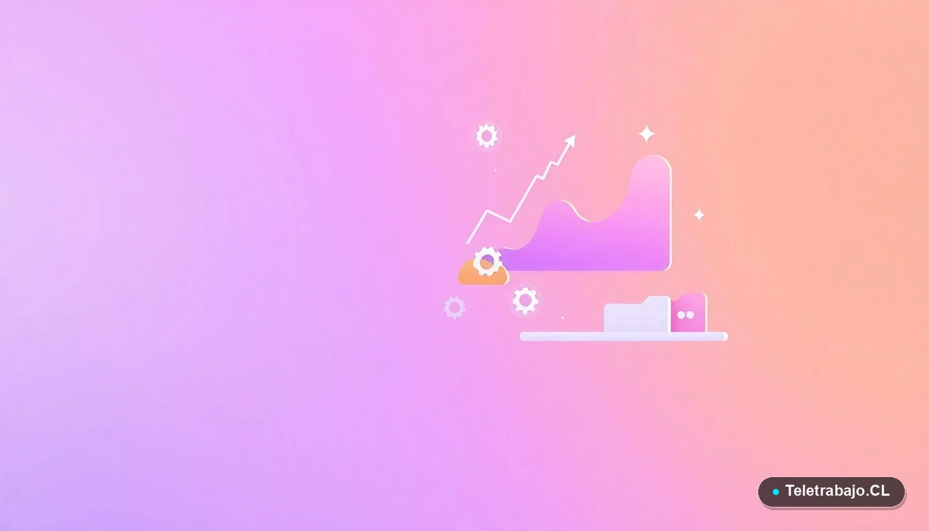 Composición abstracta de interfaz de usuario con gráficos flotantes, engranajes y carpetas en tonos lavanda y durazno, sobre fondo degradado. Concepto de tecnología y crecimiento digital.