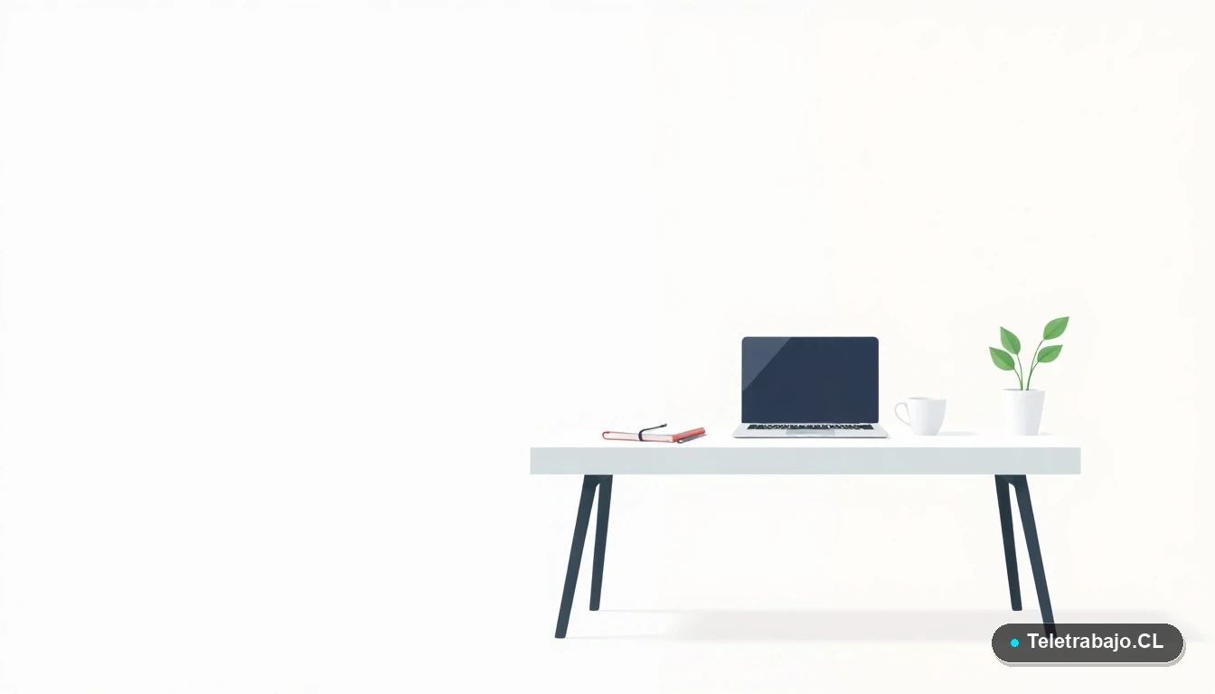 Escritorio moderno minimalista con laptop, café y planta, ilustración plana vectorial sobre fondo degradado menta, representando el espacio de trabajo de un independiente.