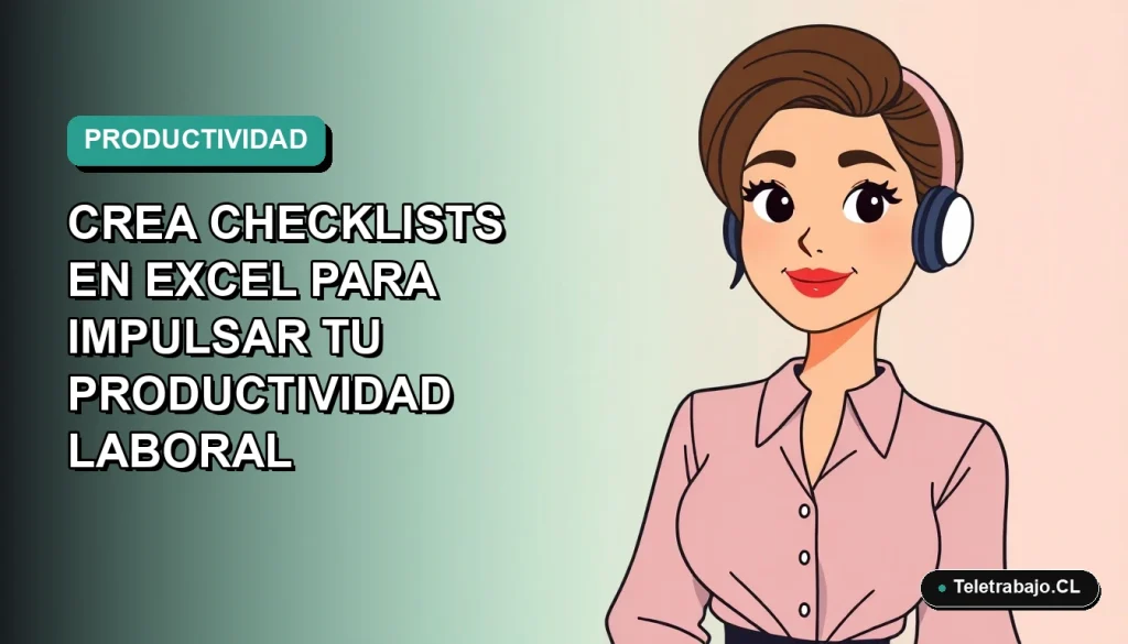 Ilustración vectorial plana de una mujer profesional trabajando remotamente con una laptop, sobre un fondo degradado suave. Guía para crear checklists en Excel.
