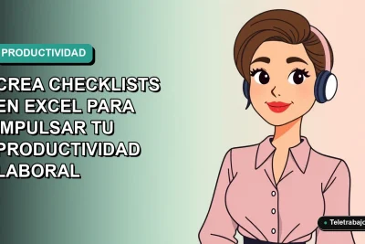 Ilustración vectorial plana de una mujer profesional trabajando remotamente con una laptop, sobre un fondo degradado suave. Guía para crear checklists en Excel.