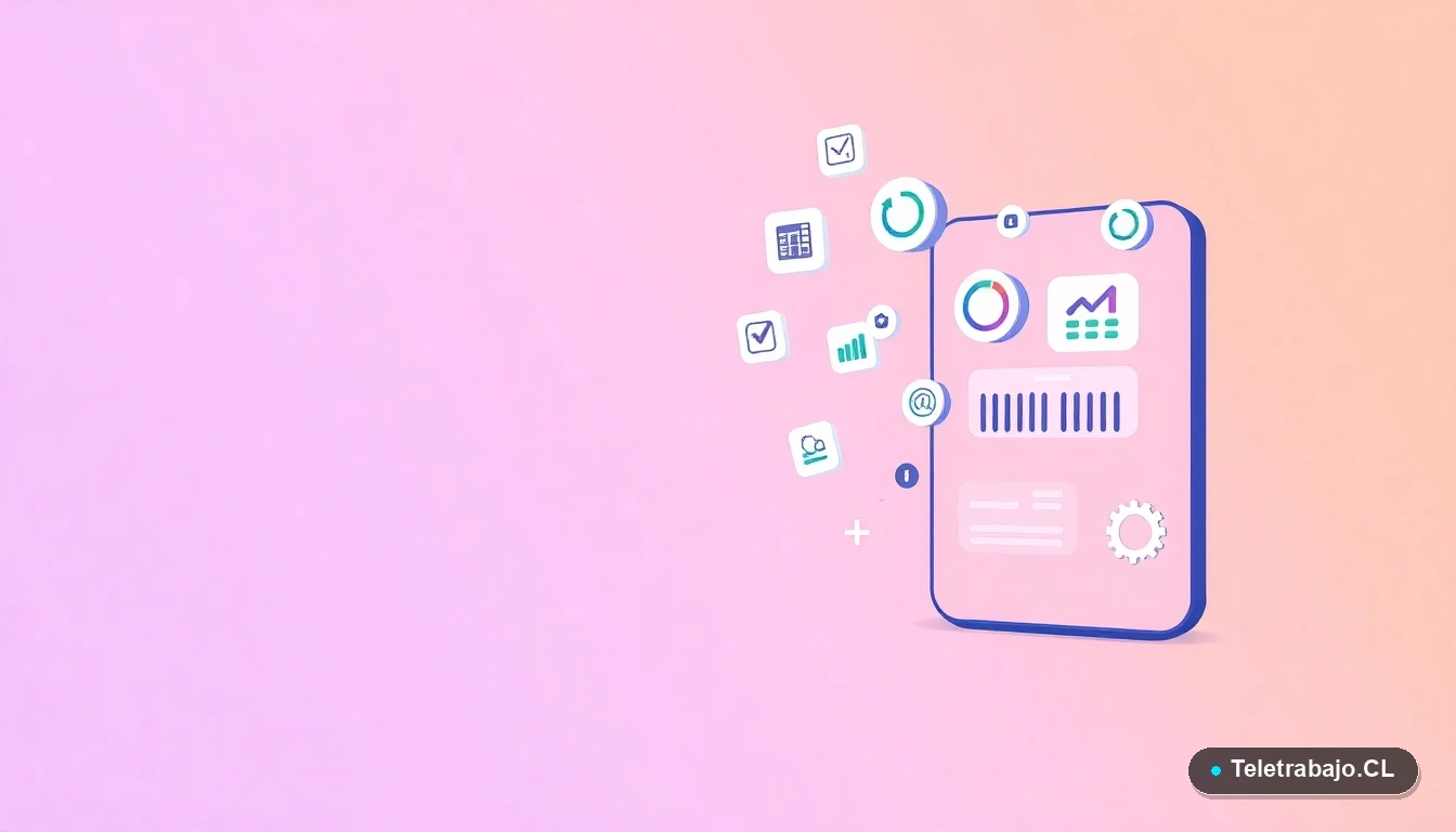 Elementos de interfaz abstractos flotando como checklists, íconos de Excel y gráficos, sobre fondo degradado lavanda. Representación visual de productividad.