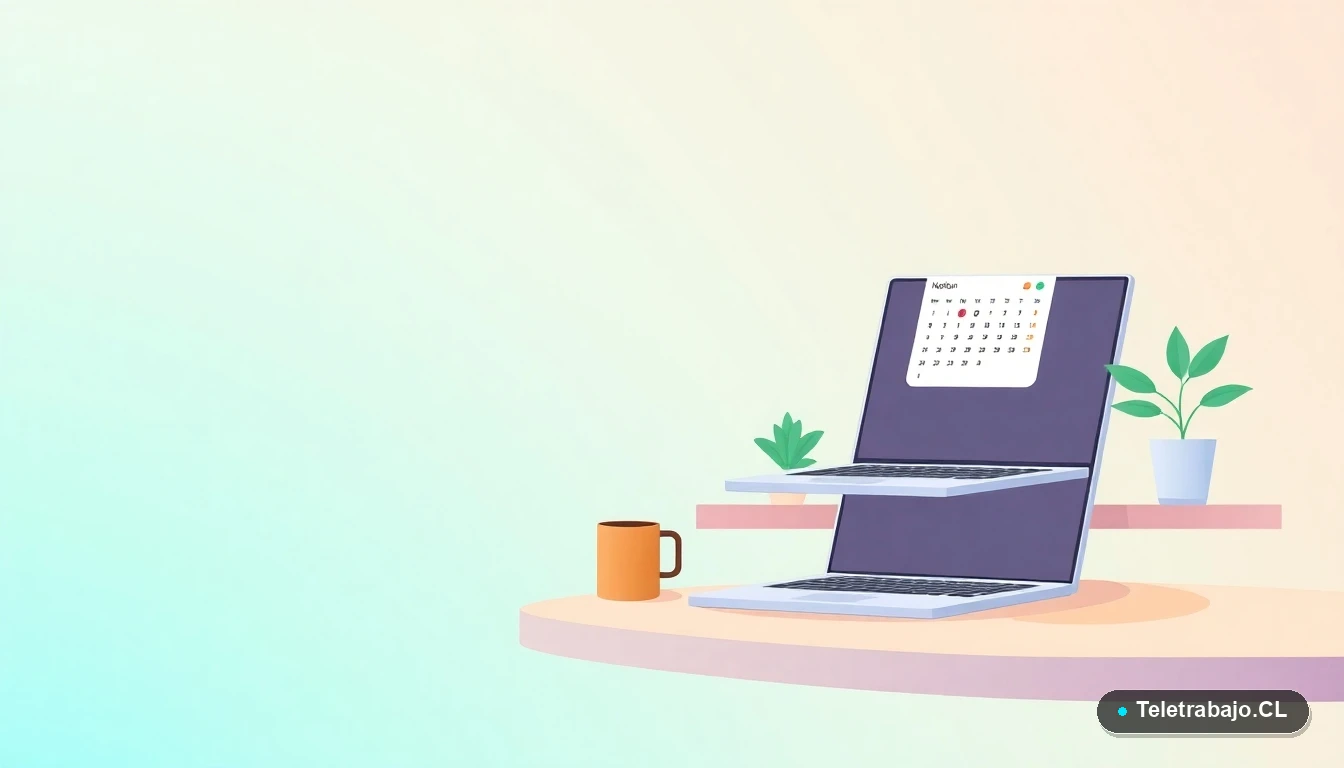 Escritorio moderno minimalista con laptop, planta y taza de café, ilustración plana sobre fondo degradado azul verdoso, representando la planificación de reuniones.