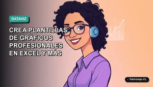 Ilustración plana vectorial de mujer profesional de teletrabajo sonriente con gráficos de Excel en fondo degradado azul verdoso.