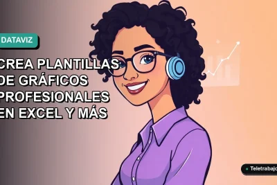 Ilustración plana vectorial de mujer profesional de teletrabajo sonriente con gráficos de Excel en fondo degradado azul verdoso.
