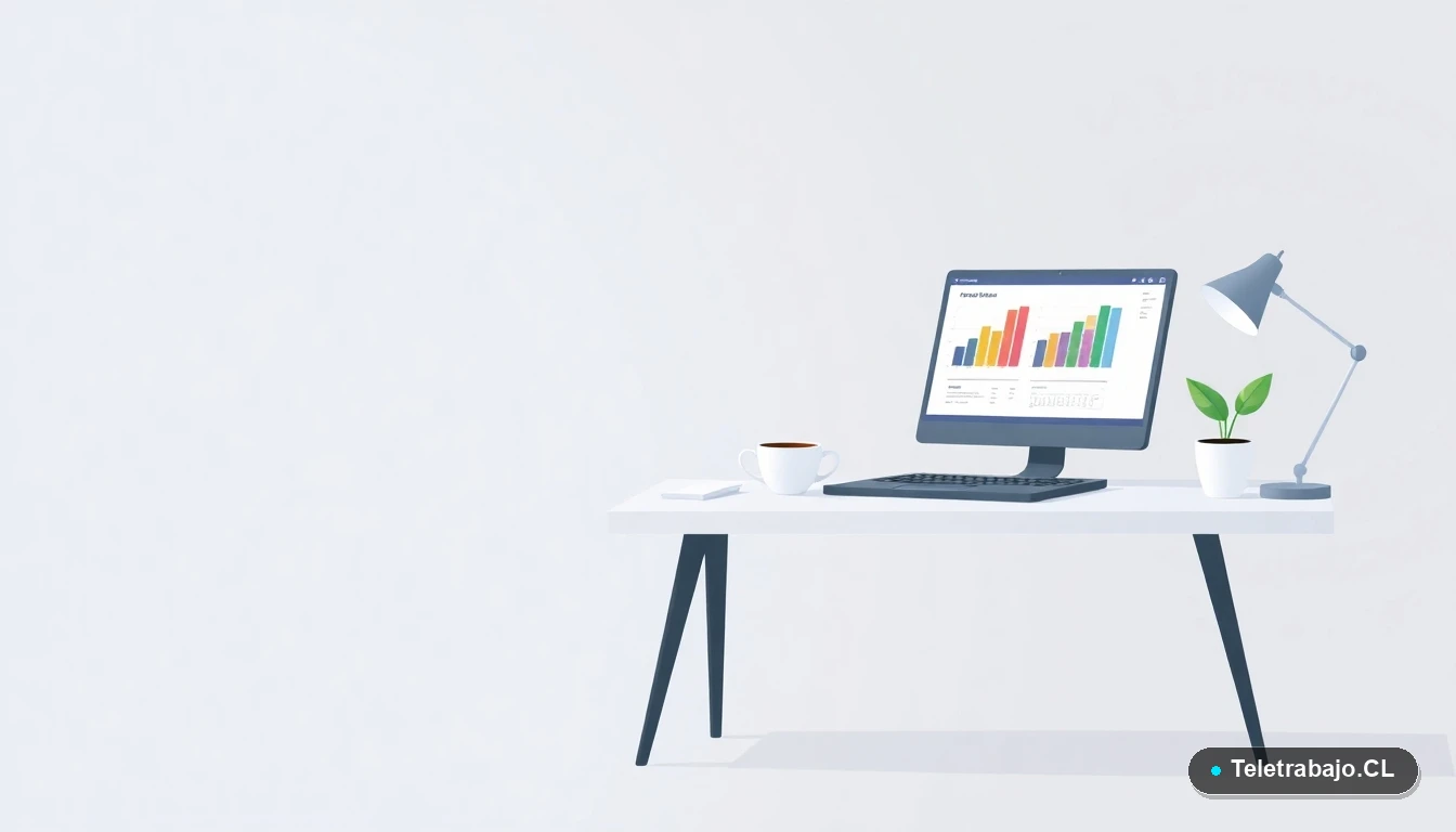 Escritorio moderno minimalista con laptop mostrando gráficos, taza de café y planta, sobre fondo degradado frío.