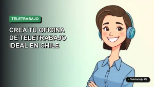 Ilustración vectorial plana de una mujer chilena trabajando remotamente con una sonrisa, fondo con gradiente suave de verde agua, estilo Corporate Memphis.