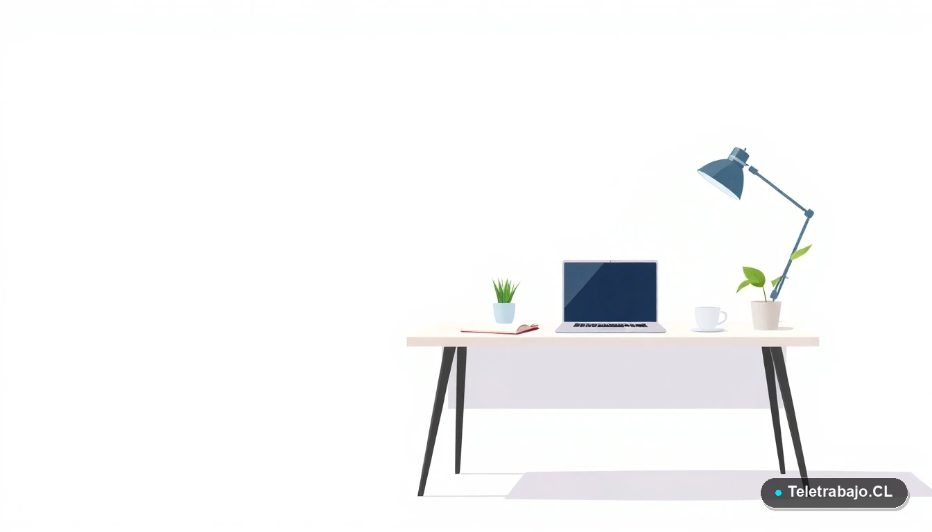 Escritorio minimalista para teletrabajo con laptop, cuaderno, taza de café y planta, ilustración vectorial plana sobre fondo gradiente azul verdoso.