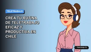 Ilustración vectorial plana de una mujer profesional chilena teletrabajando, con fondo degradado azul y espacio negativo. Estilo Corporativo Memphis.