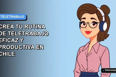 Ilustración vectorial plana de una mujer profesional chilena teletrabajando, con fondo degradado azul y espacio negativo. Estilo Corporativo Memphis.