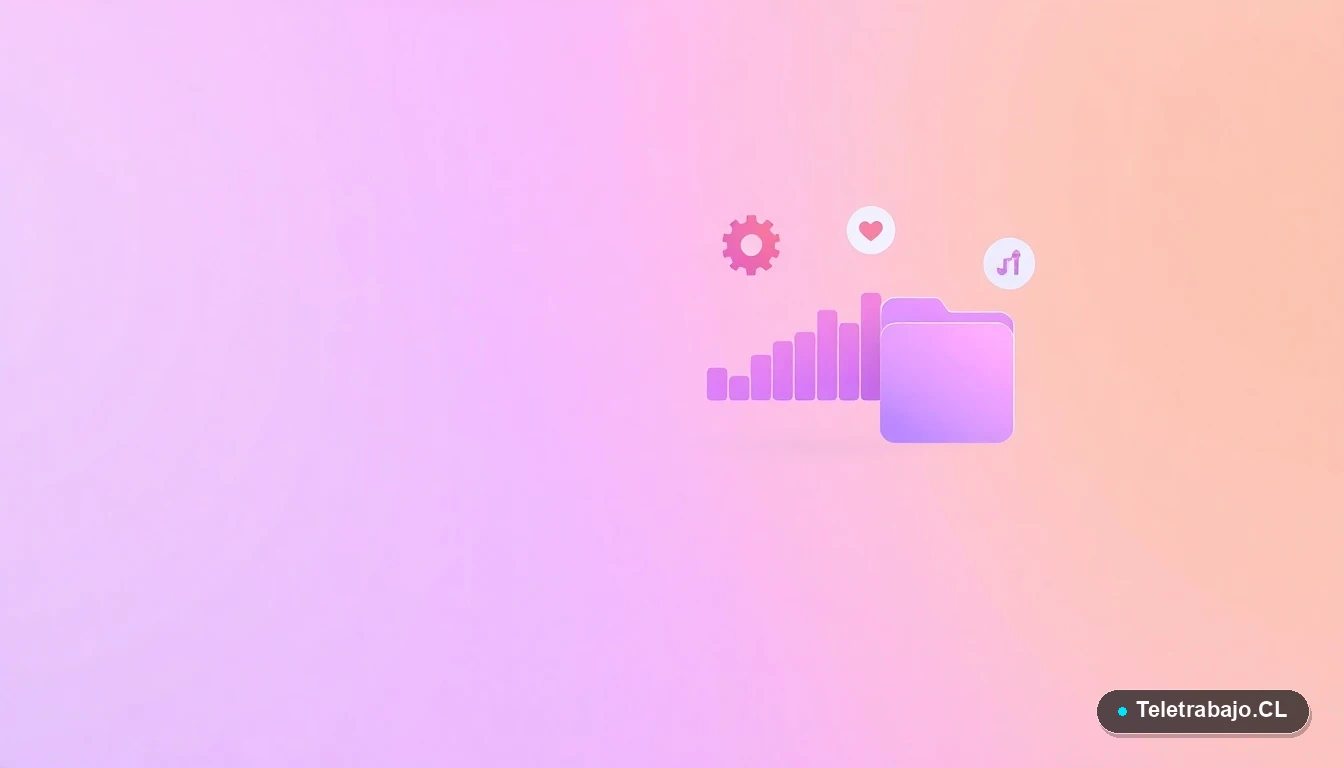 Elementos de interfaz de usuario abstractos y coloridos (gráficos, engranajes) sobre fondo degradado lila y durazno, representando productividad digital.