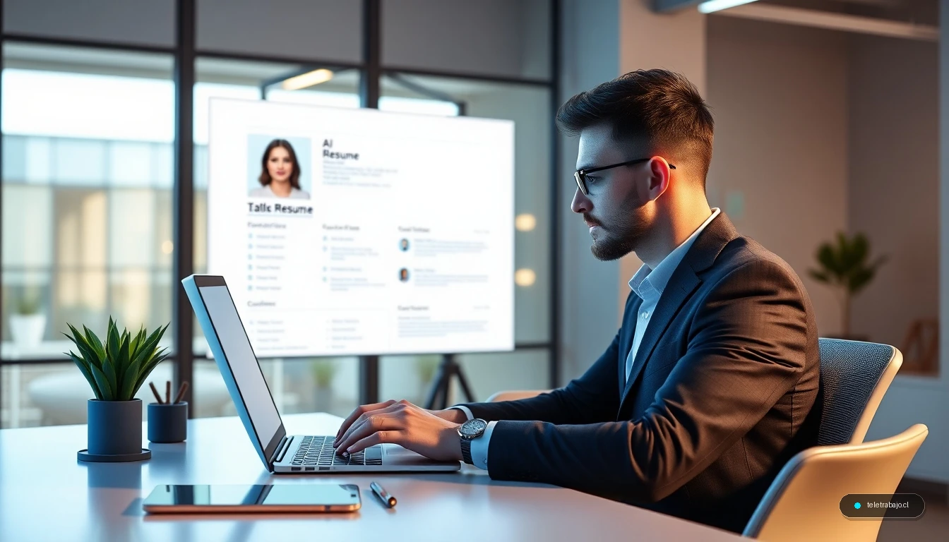 Persona creando un currículum vitae moderno con la ayuda de una interfaz de inteligencia artificial en un portátil