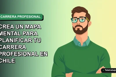 Mapa mental profesional para planificar tu carrera en Chile, ilustración vectorial plana estilo Corporate Memphis con un trabajador.