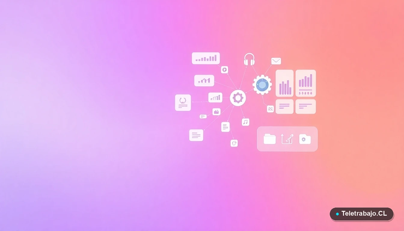 Elementos abstractos de interfaz de usuario: gráficos, engranajes y carpetas flotantes que simbolizan un mapa mental para planificación profesional.