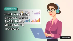 Ilustración plana de mujer profesional de teletrabajo analizando gráficos de encuestas en pantalla de laptop, fondo degradado azul verdoso.
