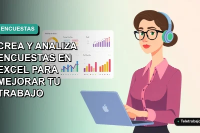 Ilustración plana de mujer profesional de teletrabajo analizando gráficos de encuestas en pantalla de laptop, fondo degradado azul verdoso.