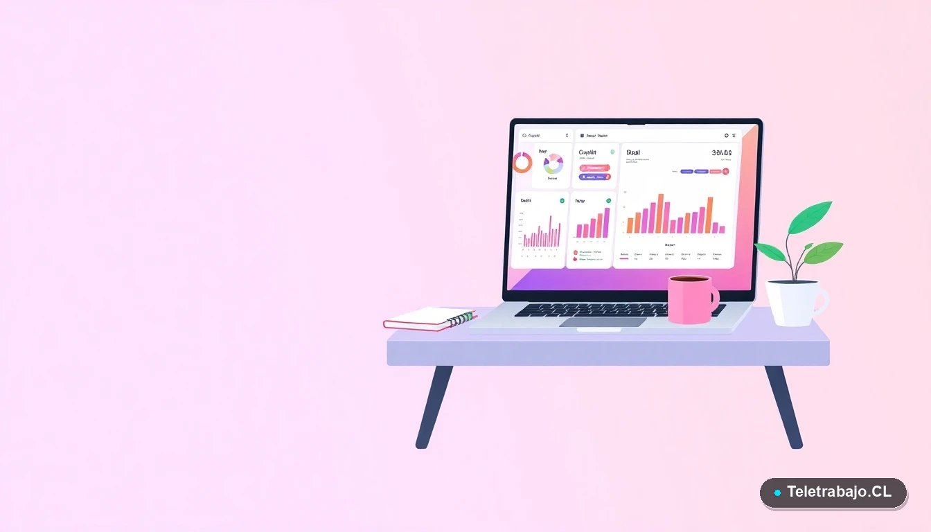 Escritorio moderno vacío con laptop mostrando gráficos de encuesta, cuaderno y taza de café, ilustración plana con fondo degradado lila.