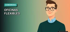 Ilustración vectorial plana de un hombre profesional trabajando en remoto, sobre un fondo degradado de color teal. Representa el concepto de coworking y espacios de trabajo flexibles en Chile.