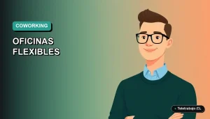Ilustración vectorial plana de un hombre profesional trabajando en remoto, sobre un fondo degradado de color teal. Representa el concepto de coworking y espacios de trabajo flexibles en Chile.