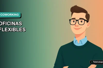 Ilustración vectorial plana de un hombre profesional trabajando en remoto, sobre un fondo degradado de color teal. Representa el concepto de coworking y espacios de trabajo flexibles en Chile.