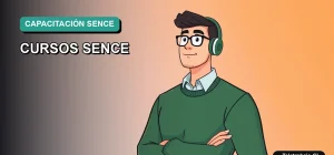 Ilustración vectorial plana de un trabajador masculino con suéter verde, sobre un fondo degradado azul y turquesa, representando la capacitación profesional.