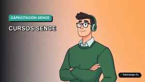 Ilustración vectorial plana de un trabajador masculino con suéter verde, sobre un fondo degradado azul y turquesa, representando la capacitación profesional.