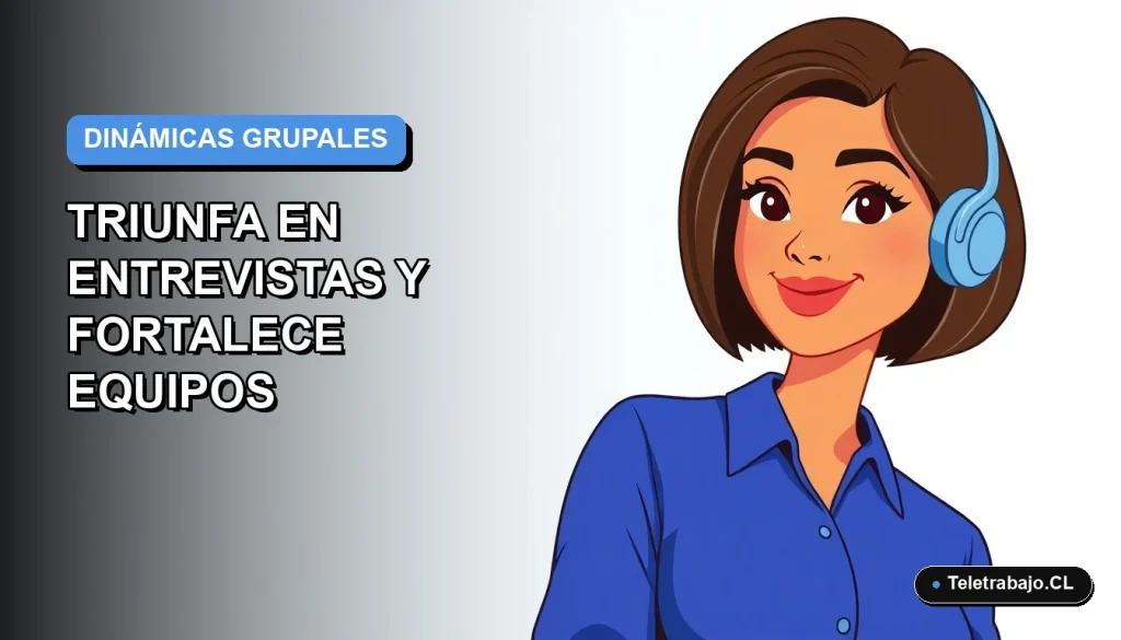 Ilustración plana corporativa de una mujer profesional chilena con blusa azul y corte bob, sobre fondo degradado azul y blanco, representando dinámicas de equipo modernas.