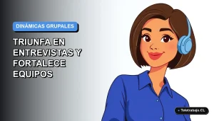 Ilustración plana corporativa de una mujer profesional chilena con blusa azul y corte bob, sobre fondo degradado azul y blanco, representando dinámicas de equipo modernas.