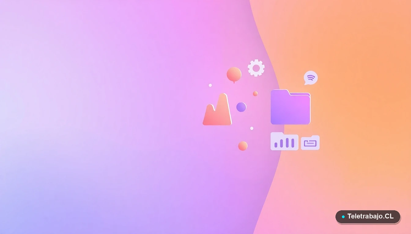 Elementos de interfaz de usuario abstractos y coloridos, como gráficos y engranajes flotantes, sobre fondo degradado lavanda, para representar conceptos de trabajo en equipo y tecnología.