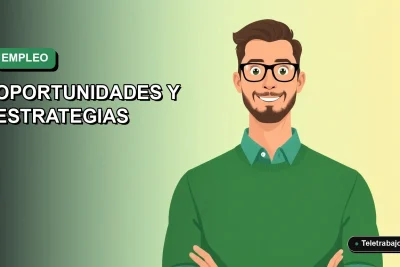 Ilustración plana vectorial de un trabajador remoto masculino con suéter verde, sobre un fondo degradado azul y verde. Representa oportunidades laborales en Chile.