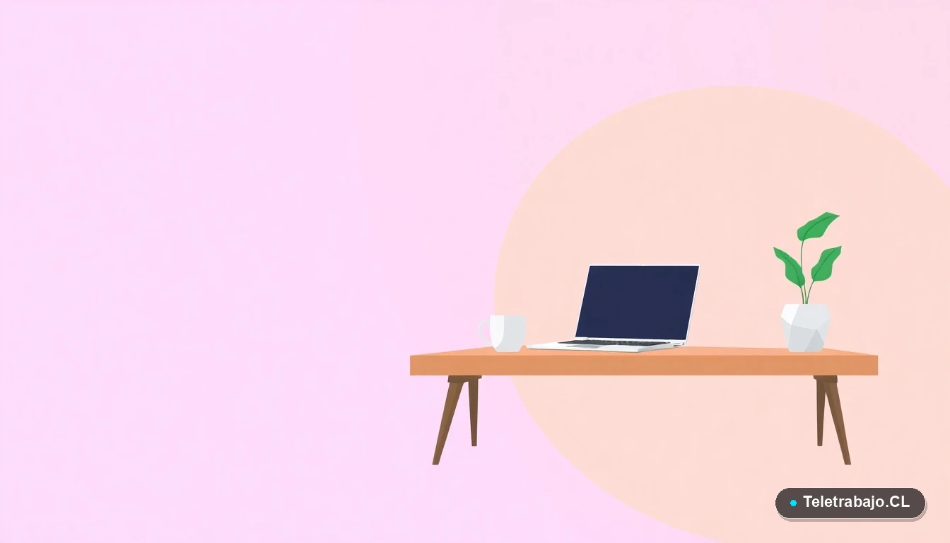 Escritorio moderno minimalista con laptop, cuaderno y taza de café, ilustración vectorial plana sobre fondo degradado lavanda y durazno, representando un espacio de trabajo profesional.