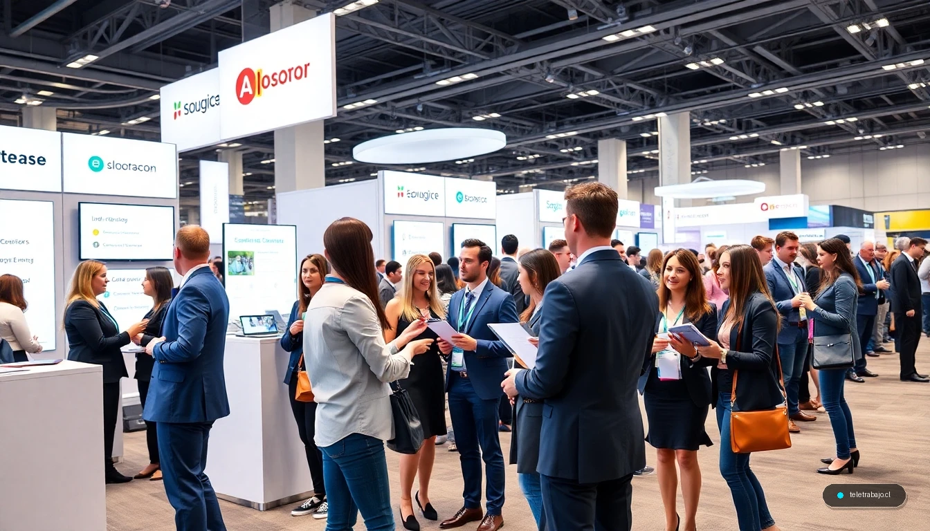 Profesionales interactuando con reclutadores en una feria de empleo moderna y dinámica en 2026