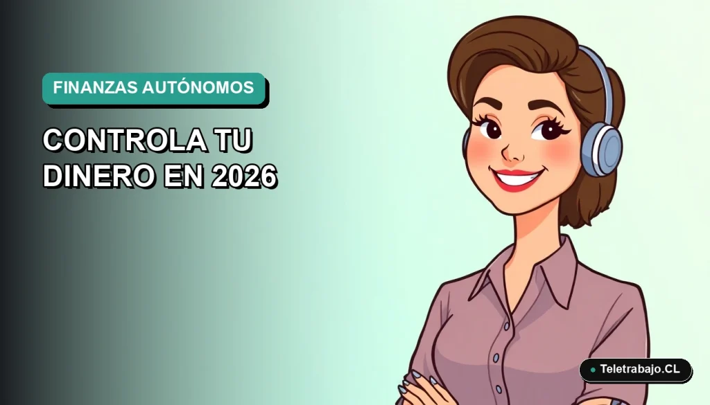 Ilustración plana corporativa de una mujer profesional autónoma chilena sonriente, con fondo degradado azul verdoso. Representa el control financiero para trabajadores independientes.