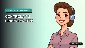 Ilustración plana corporativa de una mujer profesional autónoma chilena sonriente, con fondo degradado azul verdoso. Representa el control financiero para trabajadores independientes.