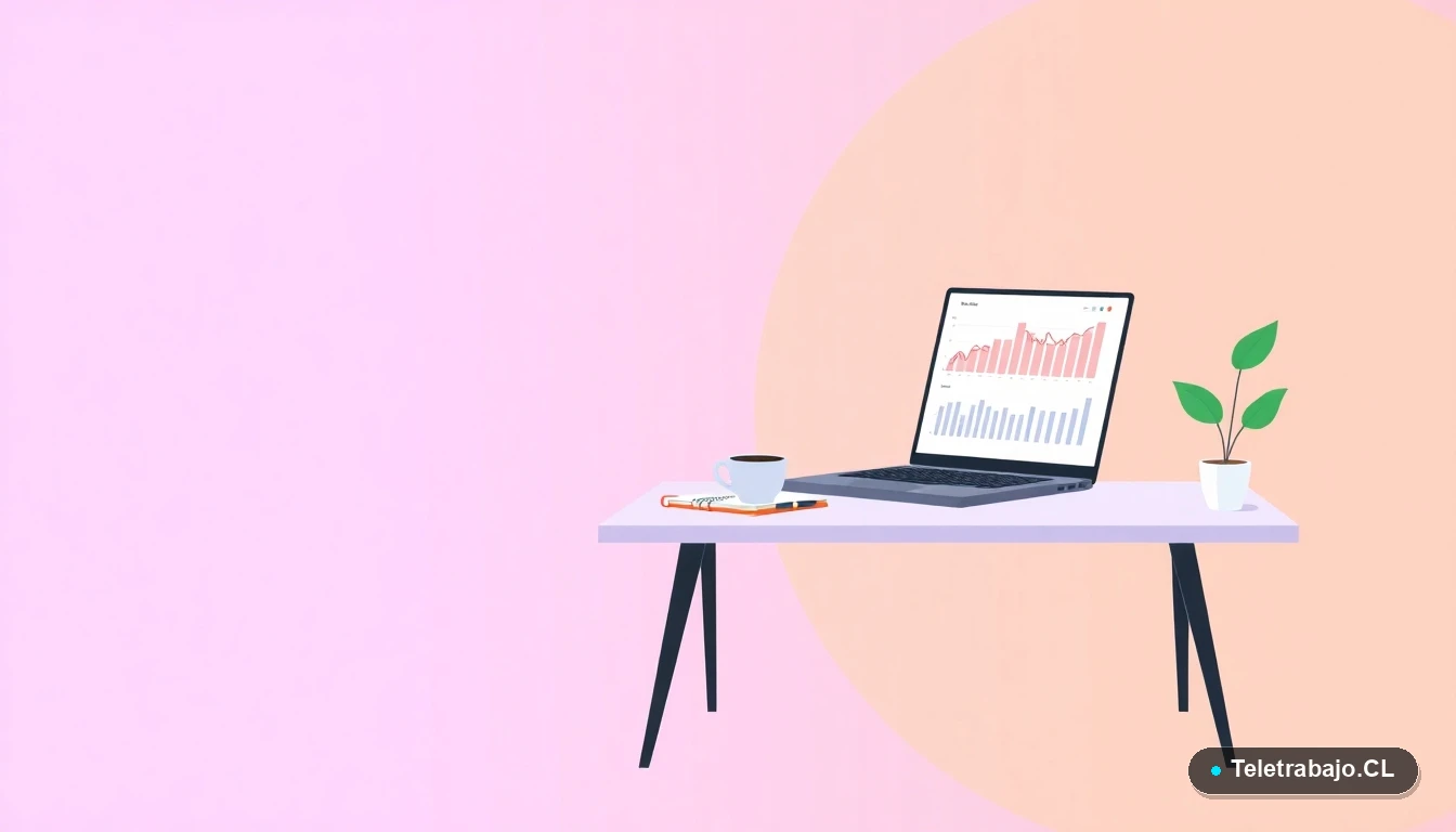 Escritorio moderno minimalista con laptop, gráficos financieros, cuaderno y una planta. Fondo degradado lila y durazno, concepto de espacio de trabajo para autónomos.