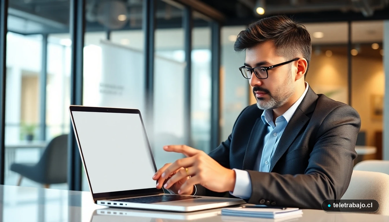 Persona postulando a fondos de empleo en Chile usando un portátil y documentos oficiales
