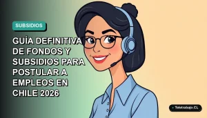 Ilustración plana vectorial de una trabajadora chilena sonriente con blusa azul, sobre fondo degradado verde azulado, representando guía de fondos laborales 2026.