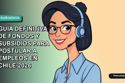 Ilustración plana vectorial de una trabajadora chilena sonriente con blusa azul, sobre fondo degradado verde azulado, representando guía de fondos laborales 2026.