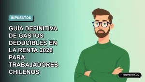 Ilustración plana vectorial de un trabajador chileno en modalidad remota, con fondo degradado azul verdoso, para guía de gastos deducibles en la declaración de renta 2026.