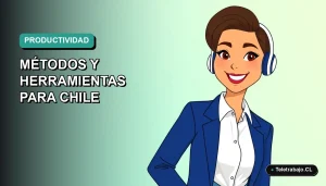 Ilustración plana corporativa de una mujer profesional chilena con blusa blanca y chaqueta azul, sobre fondo degradado verde azulado, representando la gestión del tiempo para teletrabajadores.