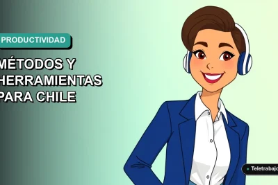 Ilustración plana corporativa de una mujer profesional chilena con blusa blanca y chaqueta azul, sobre fondo degradado verde azulado, representando la gestión del tiempo para teletrabajadores.