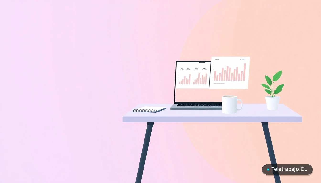 Escritorio moderno minimalista para teletrabajo con laptop, cuaderno, taza de café y planta suculenta, sobre fondo degradado lavanda y durazno, concepto de productividad y gestión del tiempo.