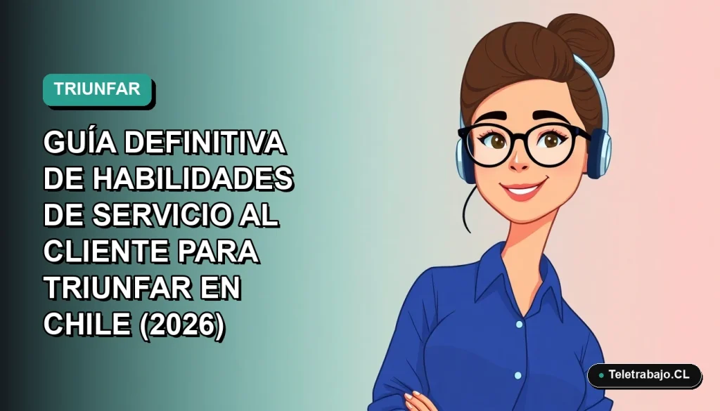 Ilustración vectorial plana de una mujer profesional chilena con blusa azul y pelo recogido, sonriendo, sobre fondo degradado verde azulado. Concepto de éxito en servicio al cliente.