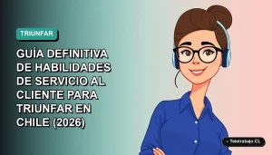 Ilustración vectorial plana de una mujer profesional chilena con blusa azul y pelo recogido, sonriendo, sobre fondo degradado verde azulado. Concepto de éxito en servicio al cliente.