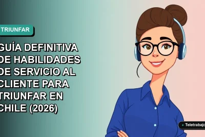 Ilustración vectorial plana de una mujer profesional chilena con blusa azul y pelo recogido, sonriendo, sobre fondo degradado verde azulado. Concepto de éxito en servicio al cliente.