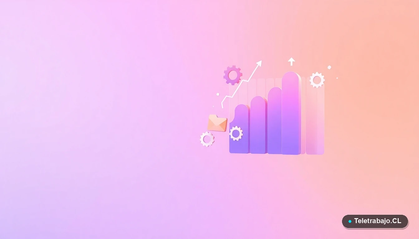 Composición abstracta de interfaz de usuario con gráficos, engranajes y carpetas flotantes en colores lavanda y durazno, sobre fondo degradado. Representa datos y procesos de servicio al cliente.