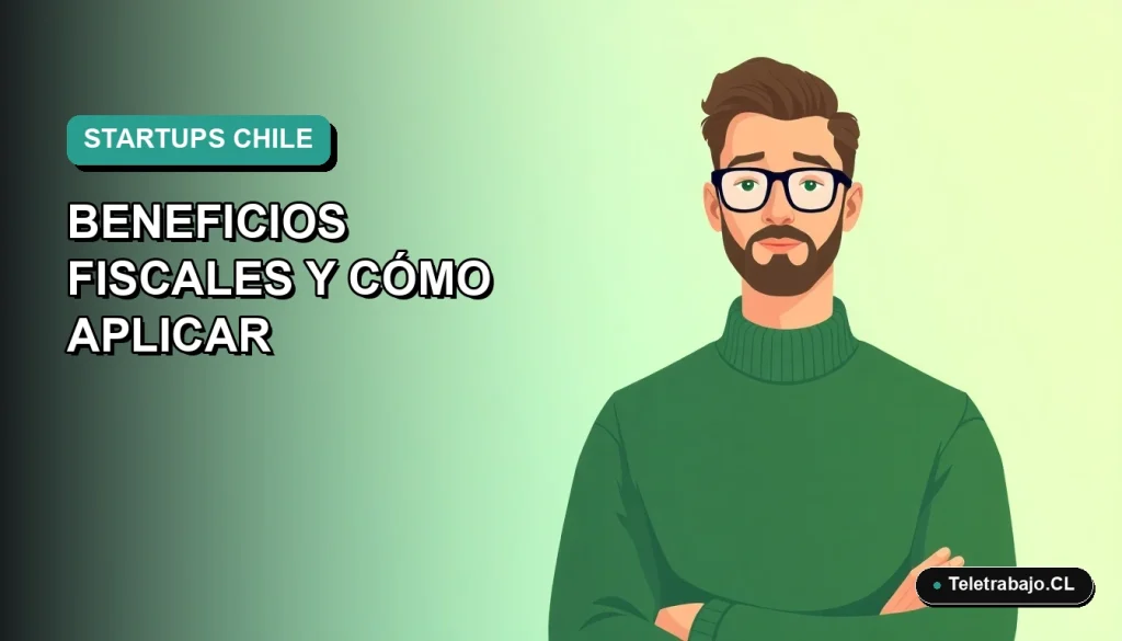 Ilustración plana corporativa de un hombre trabajando remoto con un fondo degradado azul verdoso, representando la innovación y los beneficios de la Ley de Startups en Chile.