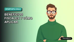 Ilustración plana corporativa de un hombre trabajando remoto con un fondo degradado azul verdoso, representando la innovación y los beneficios de la Ley de Startups en Chile.